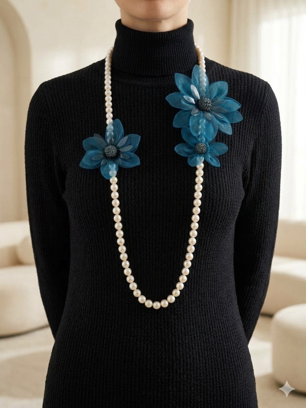 Lanvin Pearl Necklace with Teal Blue Flower Accents